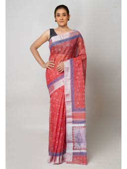 Unnati Silks - Brick Red Pure Block Printed Kota Cotton Saree with Unstitched Blouse