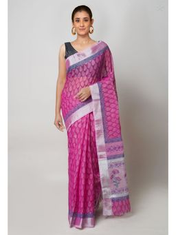 Unnati Silks - Pink Pure Block Printed Kota Cotton Saree with Unstitched Blouse