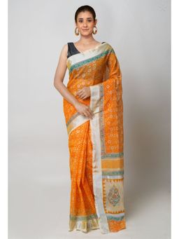 Unnati Silks - Orange Pure Block Printed Kota Cotton Saree with Unstitched Blouse