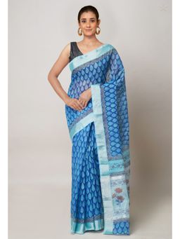 Unnati Silks - Blue Pure Block Printed Kota Cotton Saree with Unstitched Blouse