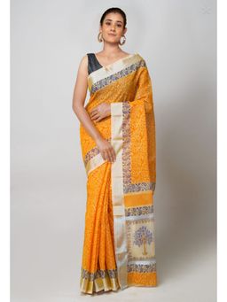 Unnati Silks - Orange Pure Block Printed Kota Cotton Saree with Unstitched Blouse