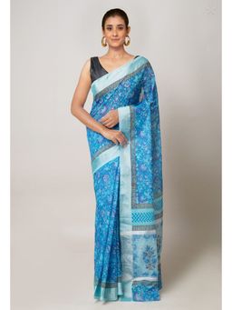 Unnati Silks - Blue Pure Block Printed Kota Cotton Saree with Unstitched Blouse