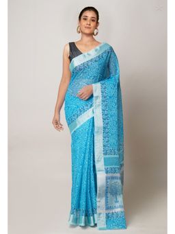 Unnati Silks - Blue Pure Block Printed Kota Cotton Saree with Unstitched Blouse