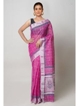 Unnati Silks - Pink Pure Block Printed Kota Cotton Saree with Unstitched Blouse