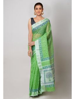 Unnati Silks - Green Pure Block Printed Kota Cotton Saree with Unstitched Blouse