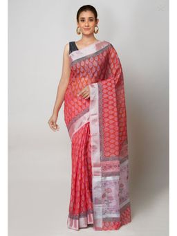 Unnati Silks - Red Pure Block Printed Kota Cotton Saree with Unstitched Blouse