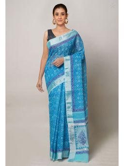 Unnati Silks - Blue Pure Block Printed Kota Cotton Saree with Unstitched Blouse