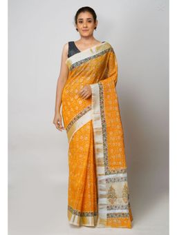 Unnati Silks - Orange Pure Block Printed Kota Cotton Saree with Unstitched Blouse