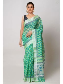 Unnati Silks - Peacock Green Pure Block Printed Kota Cotton Saree with Unstitched Blouse