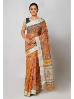 Unnati Silks - Orange Pure Block Printed Kota Cotton Saree with Unstitched Blouse