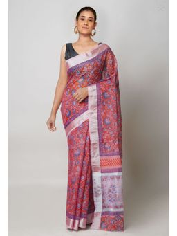 Unnati Silks - Brick Red Pure Block Printed Kota Cotton Saree with Unstitched Blouse