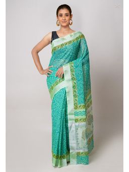 Unnati Silks - Peacock Blue Pure Block Printed Kota Cotton Saree with Unstitched Blouse