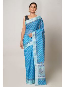 Unnati Silks - Blue Pure Block Printed Kota Cotton Saree with Unstitched Blouse