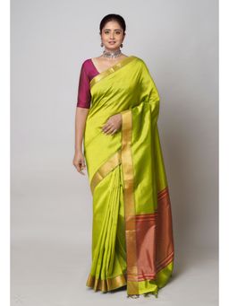 Unnati Silks - Green Plain Mangalagiri Soft Silk Saree with Unstitched Blouse