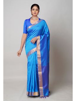 Unnati Silks - Blue Plain Mangalagiri Soft Silk Saree with Unstitched Blouse