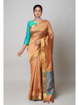 Unnati Silks - Brown Plain Mangalagiri Soft Silk Saree with Unstitched Blouse