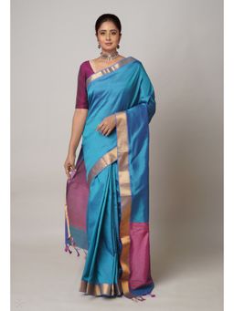 Unnati Silks - Peacock Blue Plain Mangalagiri Soft Silk Saree with Unstitched Blouse