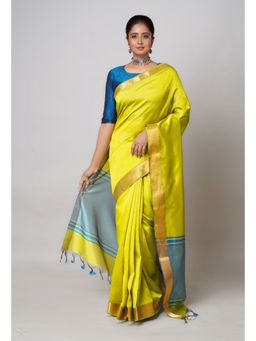 Unnati Silks - Lime Green Plain Mangalagiri Soft Silk Saree with Unstitched Blouse