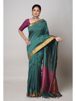 Unnati Silks - Green Plain Mangalagiri Soft Silk Saree with Unstitched Blouse