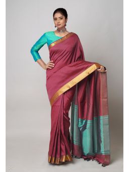 Unnati Silks - Maroon Plain Mangalagiri Soft Silk Saree with Unstitched Blouse