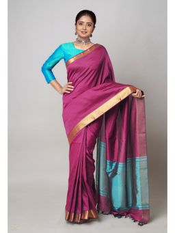 Unnati Silks - Magenta Plain Mangalagiri Soft Silk Saree with Unstitched Blouse