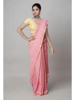 Unnati Silks - Peach Pink Plain Chanderi Sico Saree with Unstitched Blouse