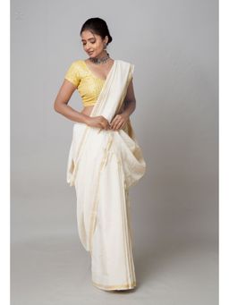 Unnati Silks - Off White Plain Chanderi Sico Saree with Unstitched Blouse