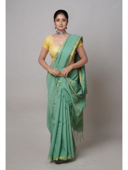 Unnati Silks - Green Plain Chanderi Sico Saree with Unstitched Blouse