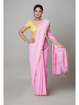 Unnati Silks - Pink Plain Chanderi Sico Saree with Unstitched Blouse