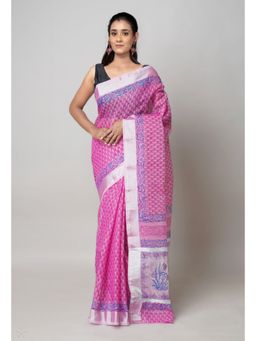 Unnati Silks - Pink Pure Block Printed Kota Cotton Saree with Unstitched Blouse