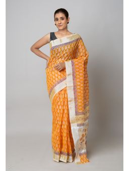 Unnati Silks - Orange Pure Block Printed Kota Cotton Saree with Unstitched Blouse