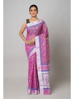 Unnati Silks - Pink Pure Block Printed Kota Cotton Saree with Unstitched Blouse