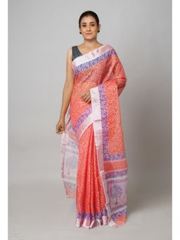 Unnati Silks - Red Pure Block Printed Kota Cotton Saree with Unstitched Blouse