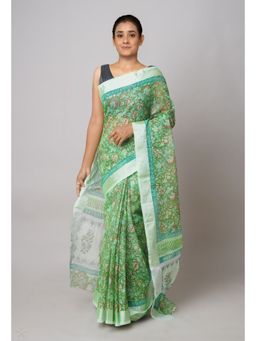 Unnati Silks - Green Pure Block Printed Kota Cotton Saree with Unstitched Blouse