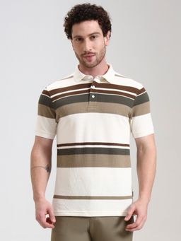 JadeBlue - Cream Men Slim Fit Striped Polo T-Shirt
