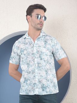 CRIMSOUNE CLUB - Men Floral Printed Linen Green Shirt