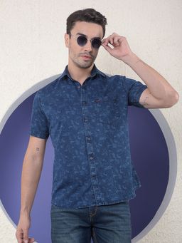 CRIMSOUNE CLUB - Men Printed Pure Cotton Blue Shirt