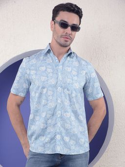 CRIMSOUNE CLUB - Men Blue Floral Print Linen Shirt