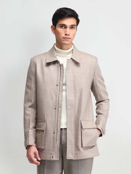 Arrow - Men Beige Solid Bomber Jacket