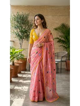 HANDME - Ready To Wear Peach Charm Mul Chanderi Embroidered Saree with Unstitched Blouse