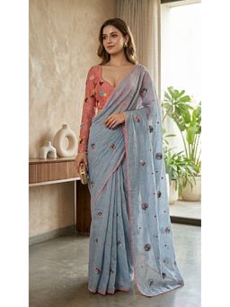 HANDME - Ready To Wear Dreamy Blue Embroidered Mul Chanderi Saree with Unstitched Blouse
