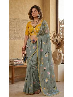 HANDME - Ready To Wear Earthy Green Embroidered Mul Chanderi Saree with Unstitched Blouse