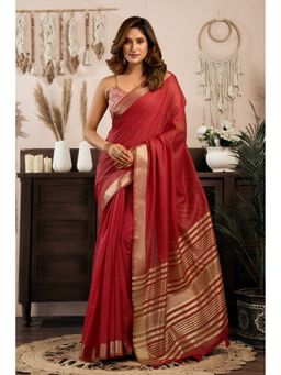 Mysilklove - Women Red Cotton Woven Saree with Unstitched Blouse