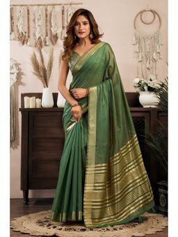 Mysilklove - Women Green Cotton Woven Saree with Unstitched Blouse