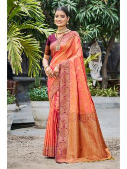 Fashion Petals - Women Peach Soft Silk Woven Work Traditional Saree with Unstitched Blouse