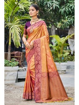 Fashion Petals - Women Rust Soft Silk Woven Work Traditional Saree with Unstitched Blouse