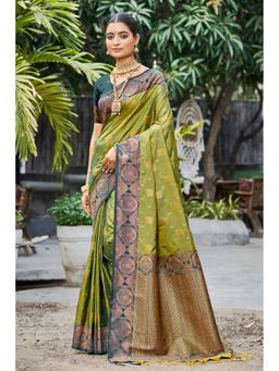 Fashion Petals - Women Olive Soft Silk Woven Work Traditional Saree with Unstitched Blouse