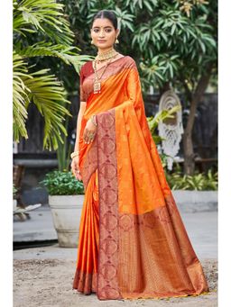 Fashion Petals - Women Saffron Orange Soft Silk Woven Work Traditional Saree with Unstitched Blouse