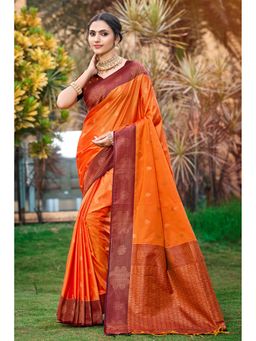 Fashion Petals - Women Saffron Orange Soft Silk Woven Work Traditional Saree with Unstitched Blouse