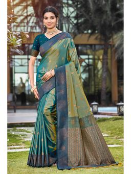 Fashion Petals - Peacock Green Soft Silk Woven Work Traditional Saree with Unstitched Blouse